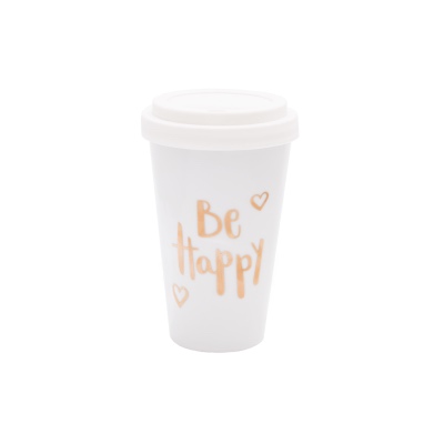 Kaffeebecher - Be Happy GOLD - zum Schließen ins Bild klicken